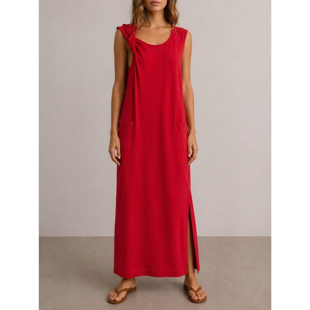 Free People Beach Drew Tee Dress Barbados Cherry Red Twist Sleeve Midi Sz Small